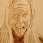Angel Sarkela-Saur created this original "Angel Self Portrait" Coffee Art® painting. It features the artist excited and on a caffeine kick.