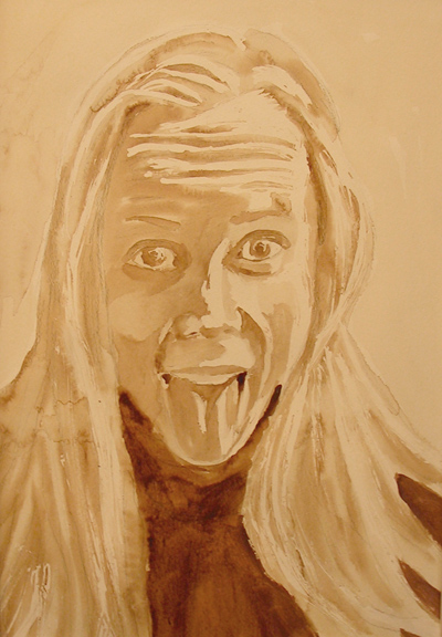 Angel Sarkela-Saur created this original "Angel Self Portrait" Coffee Art® painting. It features the artist excited and on a caffeine kick.