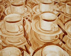 Angel Sarkela-Saur created this original "Awaiting Fulfillment" Coffee Art&reg; painting. It features stacks of empty cups waiting to be filled with coffee.