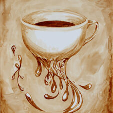 Angel Sarkela-Saur created this original "Bottomless Cup of Coffee" Coffee Art® painting. It features a coffee cup endlessly flowing coffee.