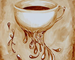 Angel Sarkela-Saur created this original "Bottomless Cup of Coffee" Coffee Art&reg; painting. It features a coffee cup endlessly flowing coffee.