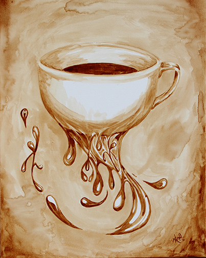 Angel Sarkela-Saur created this original "Bottomless Cup of Coffee" Coffee Art® painting. It features a coffee cup endlessly flowing coffee.
