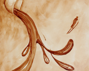"Caffeine Boost" featuring coffee spilling out of a cup and an alpine ski jumper launching off a wave of coffee.