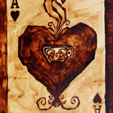 Angel Sarkela-Saur created this original "Coffee Ace" Coffee Art® painting. It features the Ace of Hearts playing card with a cup of coffee.