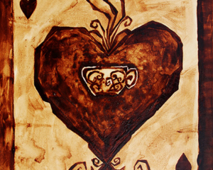 Angel Sarkela-Saur created this original "Coffee Ace" Coffee Art&reg; painting. It features the Ace of Hearts playing card with a cup of coffee.