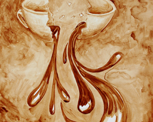 Angel Sarkela-Saur created this original "Coffee Break" Coffee Art&reg; painting. It features a coffee cup splitting in half and coffee flowing out.