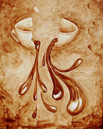 Angel Sarkela-Saur created this original "Coffee Break" Coffee Art® painting. It features a coffee cup splitting in half and coffee flowing out.