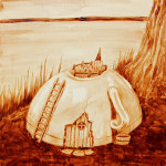 Angel Sarkela-Saur created this original "Coffee Gnome Home" Coffee Art® painting. It features a tiny gnome enjoying his morning coffee on top of his coffee mug home.
