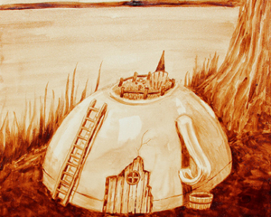 Angel Sarkela-Saur created this original "Coffee Gnome Home" Coffee Art&reg; painting. It features a tiny gnome enjoying his morning coffee on top of his coffee mug home.