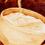 Angel Sarkela-Saur created this original "Coffee House" Coffee Art® painting. It features an image of a house in cup of coffee with steam rising from the chimney.