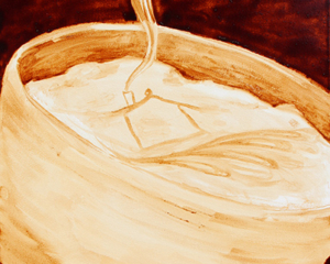 Angel Sarkela-Saur created this original "Coffee House" Coffee Art&reg; painting. It features an image of a house in cup of coffee with steam rising from the chimney.