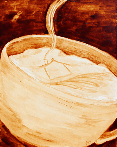 Angel Sarkela-Saur created this original "Coffee House" Coffee Art® painting. It features an image of a house in cup of coffee with steam rising from the chimney.
