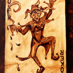 Angel Sarkela-Saur created this original "Coffee Joker" Coffee Art® painting. It features the Joker playing card spilling a cup of coffee all over.