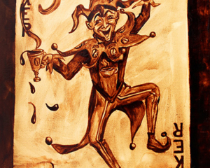 Angel Sarkela-Saur created this original "Coffee Joker" Coffee Art&reg; painting. It features the Joker playing card spilling a cup of coffee all over.