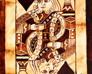 Angel Sarkela-Saur created this original "Coffee King" Coffee Art&reg; painting. It features the King of Hearts playing card holding a cup of coffee and a sugar cube in the other hand.