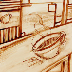 Angel Sarkela-Saur created this original "Coffee Lines" Coffee Art® painting. It features a cup of coffee image in a heavy line style.