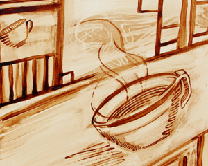 Angel Sarkela-Saur created this original "Coffee Lines" Coffee Art&reg; painting. It features a cup of coffee image in a heavy line style.