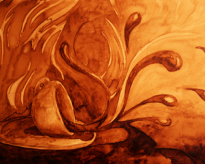 Angel Sarkela-Saur &amp; Andrew Saur created this original "Coffee Makes Coffee" Coffee Art&reg; painting. It features coffee spilling out of a cup from which the painting was created.