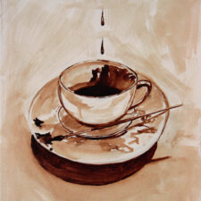 Angel Sarkela-Saur created this original "Coffee Palette" Coffee Art® painting. It features coffee dripping into a cup with a brush on the saucer used to create the works.
