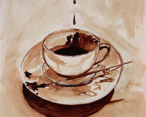 Angel Sarkela-Saur created this original "Coffee Palette" Coffee Art&reg; painting. It features coffee dripping into a cup with a brush on the saucer used to create the works.