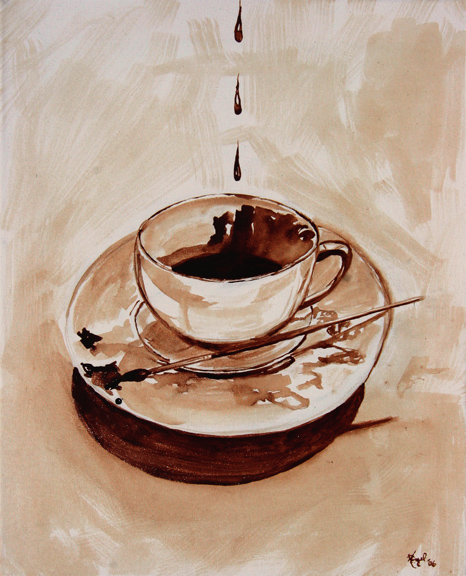 Angel Sarkela-Saur created this original "Coffee Palette" Coffee Art® painting. It features coffee dripping into a cup with a brush on the saucer used to create the works.