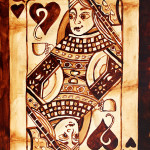 Angel Sarkela-Saur created this original "Coffee Queen" Coffee Art® painting. It features a Queen playing card holding a cup of coffee.