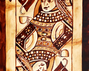 Angel Sarkela-Saur created this original "Coffee Queen" Coffee Art&reg; painting. It features a Queen playing card holding a cup of coffee.
