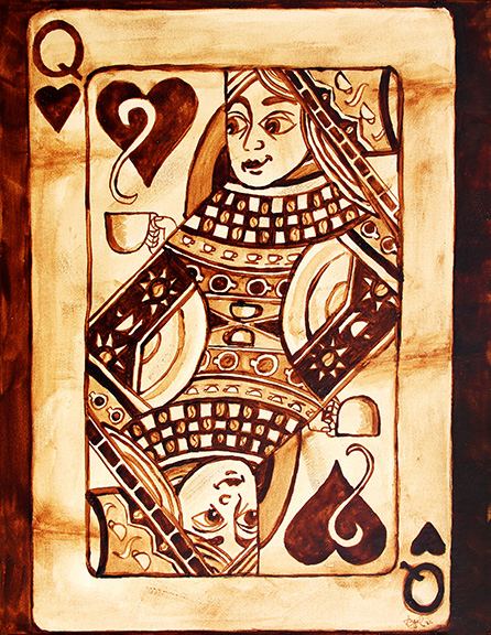 Angel Sarkela-Saur created this original "Coffee Queen" Coffee Art® painting. It features a Queen playing card holding a cup of coffee.