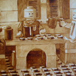Angel Sarkela-Saur and Andrew Saur created this original "Coffee Shop" Coffee Art® painting. It features friends gathering around a table enjoying their cups of coffee.