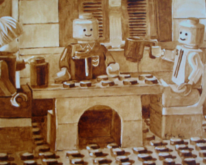 Angel Sarkela-Saur and Andrew Saur created this original "Coffee Shop" Coffee Art&reg; painting. It features friends gathering around a table enjoying their cups of coffee.