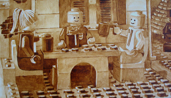 Angel Sarkela-Saur and Andrew Saur created this original "Coffee Shop" Coffee Art® painting. It features friends gathering around a table enjoying their cups of coffee.