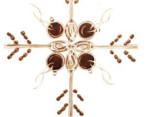 Angel Sarkela-Saur created this original "Coffee Snowflake" Coffee Art&reg; painting. It features coffee related elements forming a snowflake.