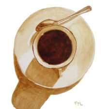 Angel Sarkela-Saur created this original "Coffee Spotlight" Coffee Art® painting. It features a cup of coffee being the center of attention.