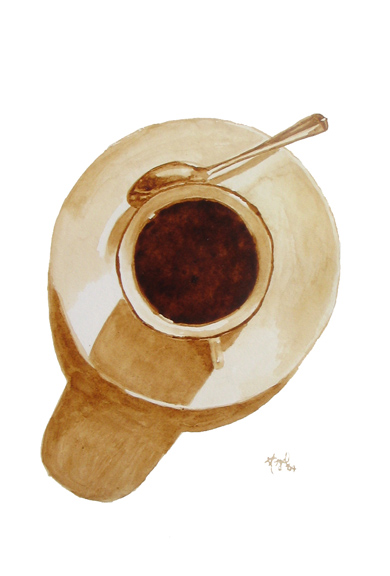 Angel Sarkela-Saur created this original "Coffee Spotlight" Coffee Art® painting. It features a cup of coffee being the center of attention.
