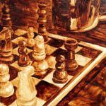 Angel Sarkela-Saur created this original "Coffee Strategy" Coffee Art® painting. It features a chess board with a coffee mug, fueling the duel.
