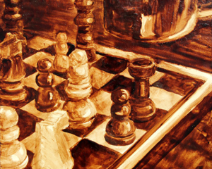 Angel Sarkela-Saur created this original "Coffee Strategy" Coffee Art&reg; painting. It features a chess board with a coffee mug, fueling the duel.