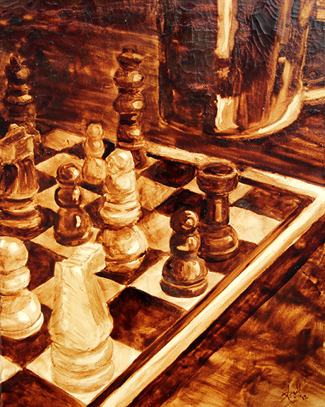 Angel Sarkela-Saur created this original "Coffee Strategy" Coffee Art® painting. It features a chess board with a coffee mug, fueling the duel.