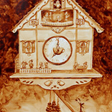 Angel Sarkela-Saur created this original "Coffee Time" Coffee Art® painting. It features an adventurous cuckoo clock waiting to strike the top of the hour.