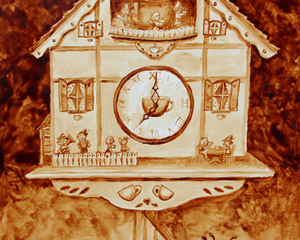 Angel Sarkela-Saur created this original "Coffee Time" Coffee Art&reg; painting. It features an adventurous cuckoo clock waiting to strike the top of the hour.