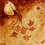 Angel Sarkela-Saur created this original "Coffee in the Fall" Coffee Art® painting. It features a cup of coffee spilling out images of autumn leaves.