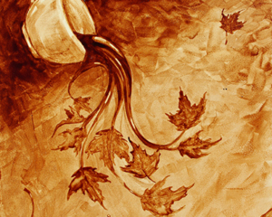 Angel Sarkela-Saur created this original "Coffee in the Fall" Coffee Art&reg; painting. It features a cup of coffee spilling out images of autumn leaves.