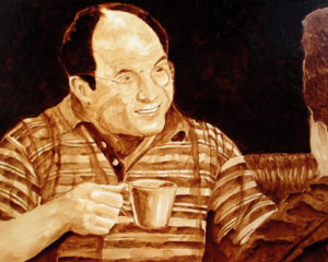 Andrew Saur and Angel Sarkela-Saur created this original "Costanza" Coffee Art&reg; painting. It features George Costanza enjoying a cup of coffee with his pal, Jerry, at the coffee shop.