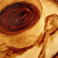 Andrew Saur created this original "Cup and Spoon" Coffee Art® painting. It features and artistic take of a cup of coffee with a spoon on the saucer.