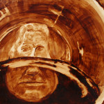 Angel Sarkela-Saur created this original "Distortion" Coffee Art® painting. It features a person taking a sip of coffee and seeing their distorted reflection in the coffee.