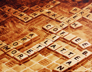 Angel Sarkela-Saur created this original "Double Coffee Score" Coffee Art® painting. It features a popular board game with coffee related words.