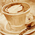 Angel Sarkela-Saur created this original "Embellishment" Coffee Art® painting. It features a latte art swirl in a cup of coffee.