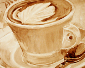 Angel Sarkela-Saur created this original "Embellishment" Coffee Art&reg; painting. It features a latte art swirl in a cup of coffee.