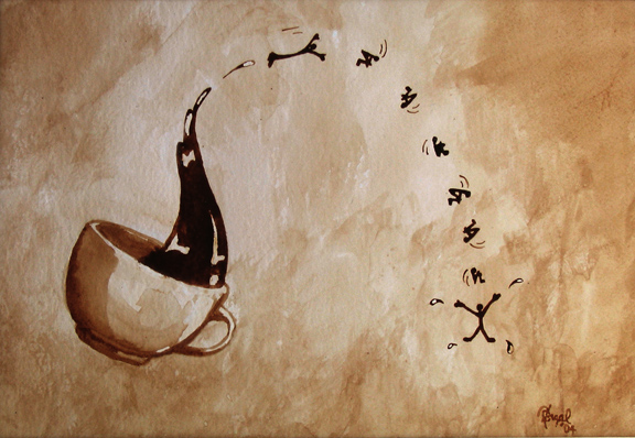 Angel Sarkela-Saur created this original "Exhilaration" Coffee Art® painting. It features an energetic coffee figure leaping out of a cup.