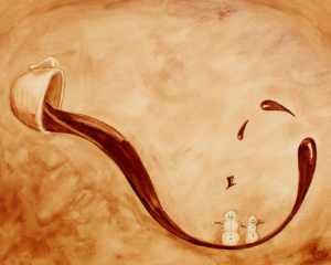 "Finishing Touch" coffee painting featuring coffee spilling out of a cup and adding the last important detail to the snowman.
