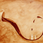 "Finishing Touch" coffee painting featuring coffee spilling out of a cup and adding the last important detail to the snowman.